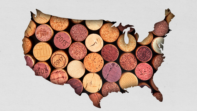 ニューヨークワインの産地をのイメージ写真　アメリカの地図をワインのコルクで埋めてあるデザイン