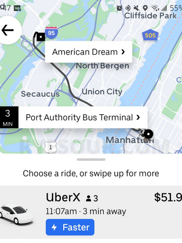 Uber 値段　ポートオーソリティ　マンハッタンから　アメリカンドリーム