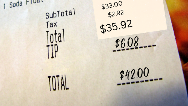 N Yレストランで飲食後、クレジットカードで支払う場合のレシート、インボイスの記入例　チップの書き方