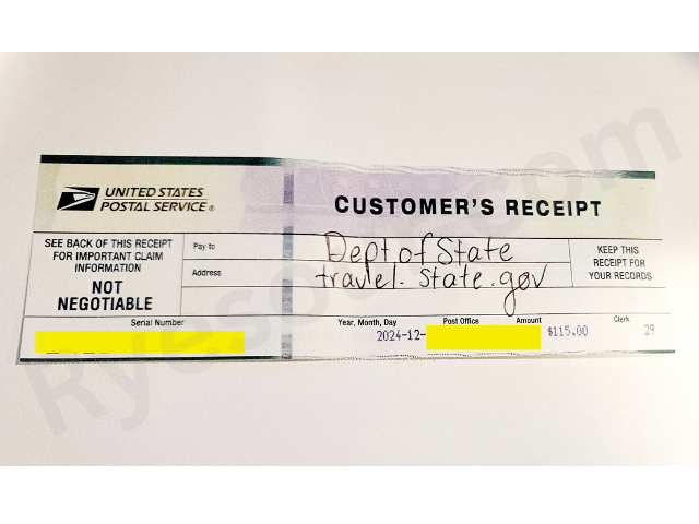 Customer's Receipt of USPS Money order to Dept of State Travel.state.gov