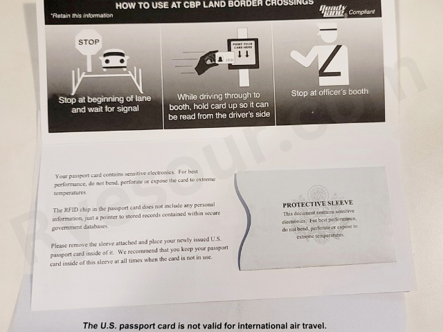 US Passport Card Sleeve and instruction