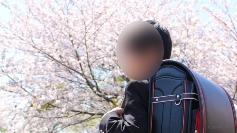 小学生が桜の下でランドセルをしょって立っている