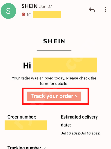 SHEIN Email レシート　注文書　追跡番号のEmail