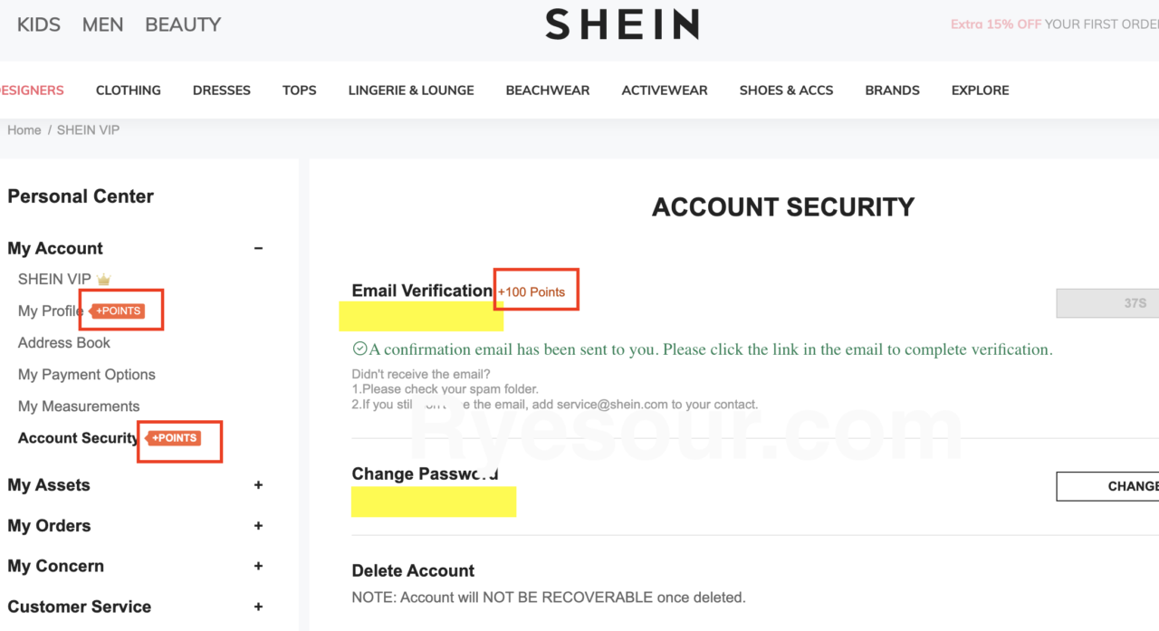 SHEIN 読み方はシーイン　アカウントでポイントとクーポンを確認する　Emailアドレス確認でポイント獲得