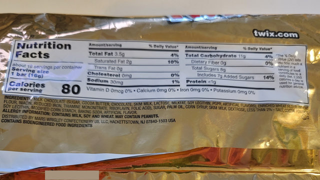 TwixチョコレートバーのNutrition Facts